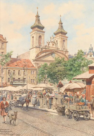Lively Rochus-Market next to Rochus -Church in Landstraßer Hauptstraße by Karl Schnorpfeil, 1927 — digital art print download