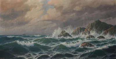 Двухмачтовое судно на бурном море by Макс Йенсен — digital art print download