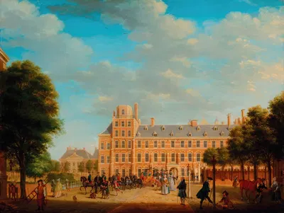 A view of The Hague, with Prince William V and Duke Louis Ernest of Brunswick-Lüneburg leaving the Buitenhof by Tethart…