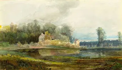 Teich mit Wald und Häusern by Carl Blechen — digital art print download