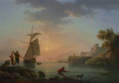 Средиземноморский порт на закате, с рыбаком на переднем плане by Клод-Жозеф Верне, 1778 — digital art print download