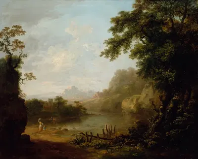 Итальянский лесной речной пейзаж с фигурами by Джордж Баррет, 1755 — digital art print download