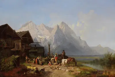 Горное село с фонтаном. На заднем плане Веттерштейн by Генрих Бюркель — digital art print download