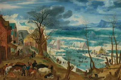 A winter landscape with peasants and cattle by a farmstead, with skaters on a frozen river beyond by Jacob Savery the Elder…