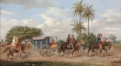Караван гаучо и их повозки, пересекающие пампу, Аргентина by Хуан Леон Пальер — digital art print download