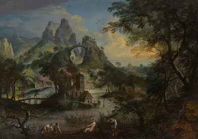Рыбаки, вытаскивающие улов на обширном пейзаже, за деревней by Лодевийк Топут — digital art print download