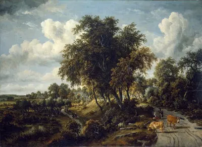 A Wooded Landscape; the Path on the Dyke by Meindert Hobbema, 1663 — digital art print download