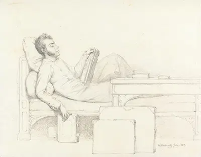 Self-Portrait of the Artist Reclining on a Gothic Couch Reading a Book by Уильям Малриди, 1827 — digital art print download