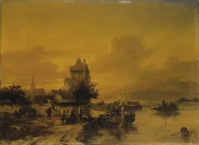 Scène animée au bord d'un fleuve en Hollande by Salomon Leonardus Verveer — digital art print download