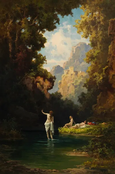 Badende Mädchen im Waldteich by Willy Moralt, 1890 — digital art print download
