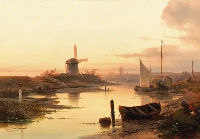 Рыбаки у канала на закате by Шарль Лейкерт, 1847 — digital art print download