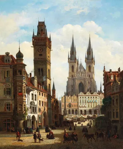 A View of the Old Town of Prague with the Church of Our Lady before Týn and the Astronomical Clock by Emile Pierre Joseph…