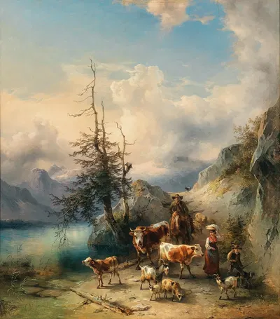 Погон скота в Альтауссе с видом на массив Дахштайн by Фридрих Гаурманн, c. 1855 — digital art print download