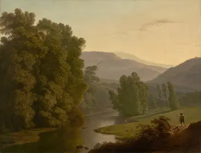 Пейзаж с фигурами у реки и горами вдали by Хендрик Вогд, 1794 — digital art print download