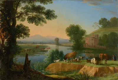 Речной пейзаж с козами и скотом, за ним ферма by Герман ван Свейнвелт, 1649 — digital art print download