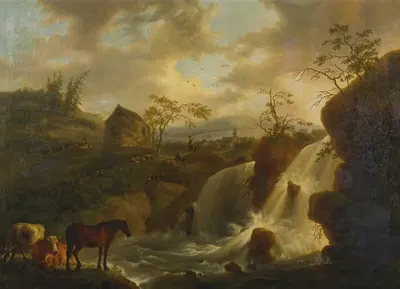 Лошадь и коровы у бурной реки by Жан Батист Де Руа, 1803 — digital art print download