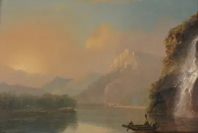 Водопад в Даски-Бей с каноэ маори by Уильям Ходжес, 1776 — digital art print download