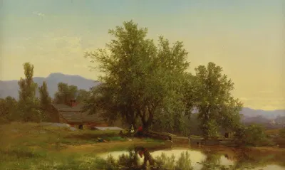 Пейзаж с прудом, сараем и фигурами by Альберт Фитч Беллоус, 1862 — digital art print download