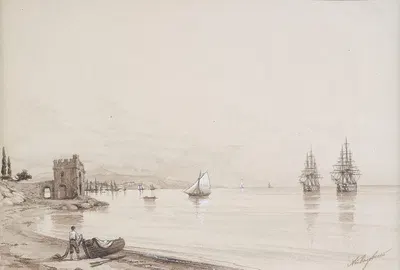 View of a bay with numerous sailing-ships by Ivan Konstantinovich Aivazovsky — digital art print download