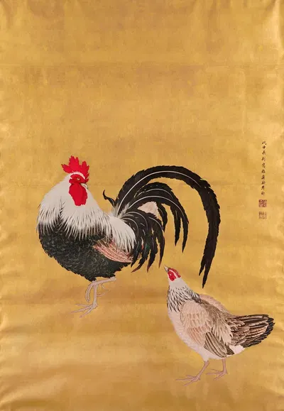 A Japanese scroll depicting a cockerel and hen by Kishi Ganku, 1788 — digital art print download