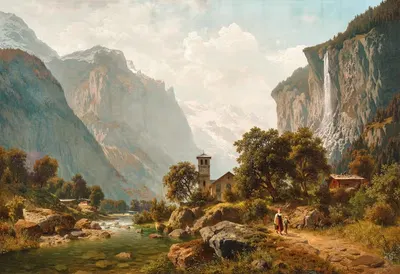 Вид на Лаутербруннен и водопад Штаубах, Швейцария by Иоганн Иосиф Янсен — digital art print download