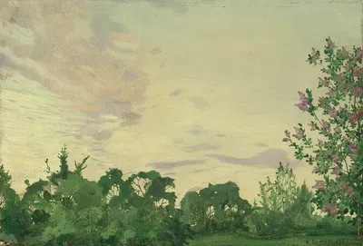 Сумерки. Вечерний пейзаж с сиреневым кустом справа by Константин Андреевич Сомов, 1921 — digital art print download
