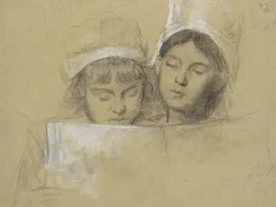 Twee meisjes met witte mutsen, lezend in een boek by Тереза Шварце — digital art print download