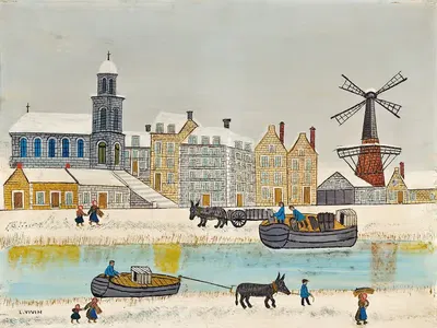 Город у мельницы рядом с каналом зимой by Луи Вивен — digital art print download