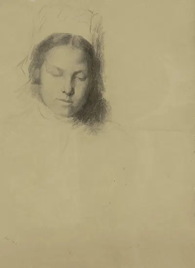Meisjeskop met neergeslagen blik by Thérèse Schwartze — digital art print download