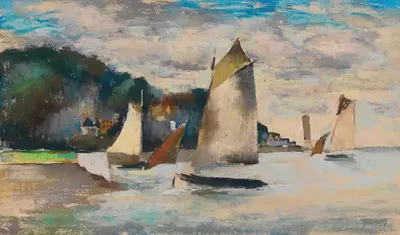 Барки, выходящие и входящие в порт Онфлёр by Поль-Эли Жерне — digital art print download