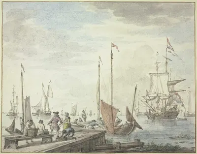 Bei einem Holzdamm liegen Boote, ein Handelsherr mit seiner Frau läßt Waren einladen by Abraham Storck — digital art print…
