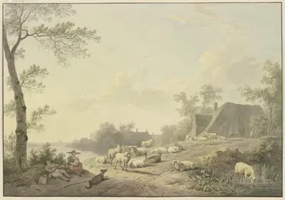 An einem Weg bei Bauernhäusern eine Schafherde by Abraham Teerlink, 1803 — digital art print download