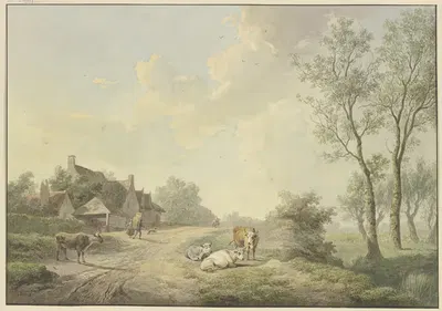 An einem Weg bei Bauernhäusern vier Kühe by Abraham Teerlink, 1803 — digital art print download