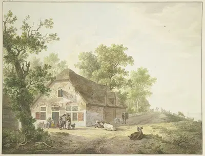 Bauernhaus am Weg, auf dem fünf Kühe und ein Reiter sind, vor dem Haus fünf Figuren und ein Hund by Abraham Teerlink, 1803…