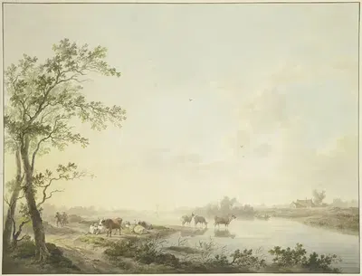 Nebliger Morgen an einem Flusse, am Ufer sieben Kühe, zum Teil im Wasser stehend by Abraham Teerlink, 1803 — digital art…