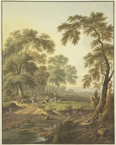 Waldwiese mit Wasser, auf dem Weg ein Reiter auf einem Schimmel, dabei einige ruhende Leute mit einem Hund by Abraham…