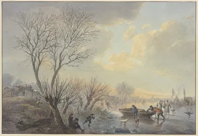 Winterlandschaft, auf dem Eis schieben drei Männer ein Boot dem Land zu, dabei zwei Hunde stehend by Abraham Teerlink —…