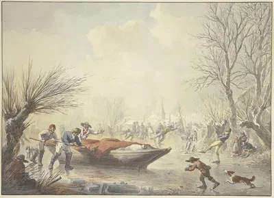 Winterlandschaft, auf dem Eis schieben drei Männer ein Boot dem Land zu, rechts ein Schlittschuhläufer, den ein Hund…