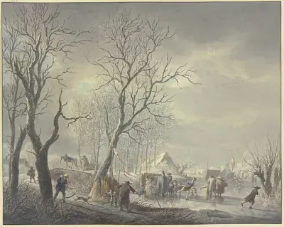 Winterlandschaft, Schlittschuhläufer bei Zelten auf dem Kanal, ein Husar umarmt ein Getränke haltendes Mädchen by Abraham…