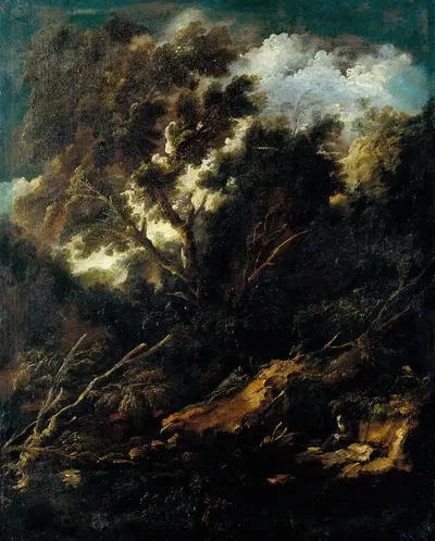 Landscape with a Reading and a Praying Franciscan by Antonio Francesco Peruzzini, 1695-1697 — digital art print download