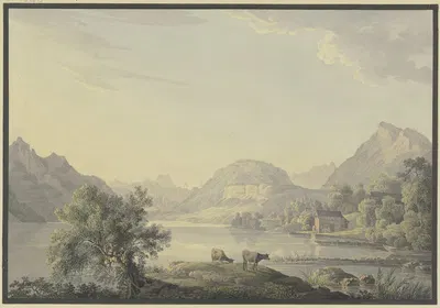 See im Gebirge, im Vordergrund bei einem Weidenbaum zwei Kühe by Carl Philipp Schallhas — digital art print download