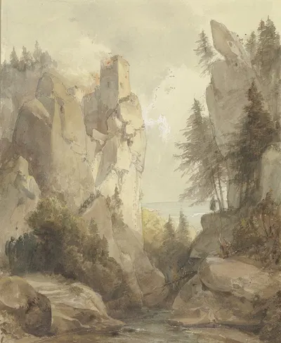 Eine brennende Burg auf einem Felsen by Caspar Scheuren — digital art print download