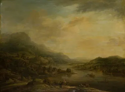 Речной пейзаж с проводником мулов by Кристиан Георг Шютц старший, 1750 — digital art print download