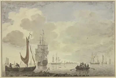 Морской пейзаж, справа гребная лодка с пятью фигурами by Корнелис де Гриент — digital art print download