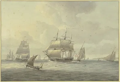 Легкое волнение моря, среди многих кораблей трехмачтовик с полными парусами слева, впереди — парусник by Доминик Серрес,…