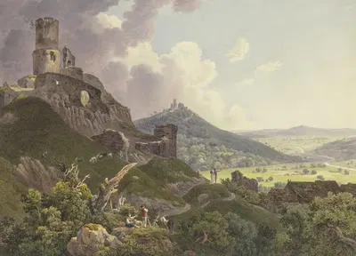 Die Ruinen Gleiberg und Vetzberg bei Gießen, links die beiden Burgruinen auf Bergen, rechts ein weites Tal, im Vordergrund…