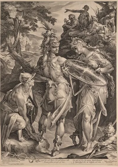 Perseus, armed, to free Andromeda by Bartholomaeus Spranger, 1604 — digital art print download
