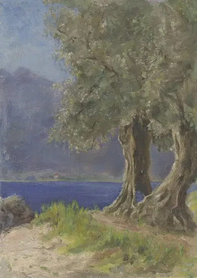Группа оливковых деревьев на итальянском озере by Фриц Хаук — digital art print download