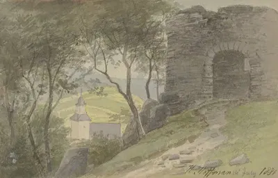 Фалькенштайн, вид на руины с церковью в долине by Генрих Адольф Валентин Хоффманн, 1880 — digital art print download