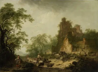 Пейзаж с овцами перед крестьянской хижиной в руинах by Хендрик Мейер, 1785 — digital art print download
